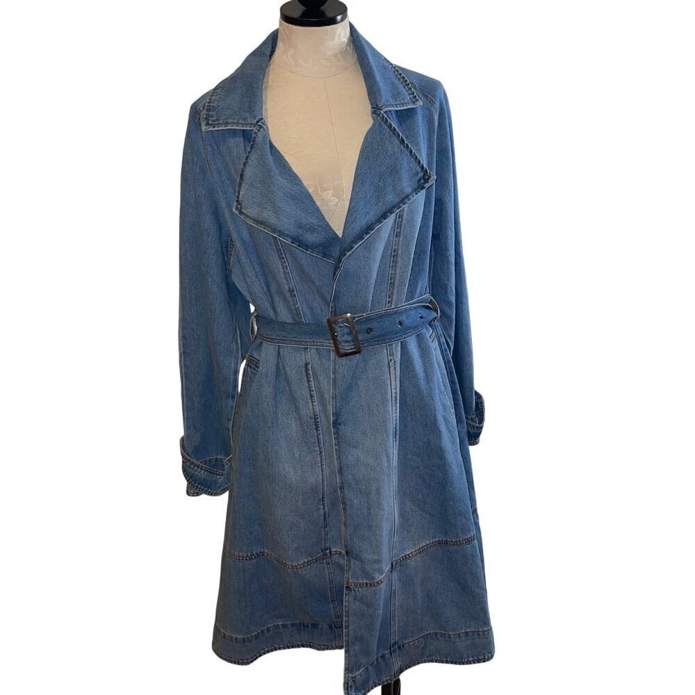 Habitual Womens Coat Size Small Blue Denim Trench Belted Pockets Raglan